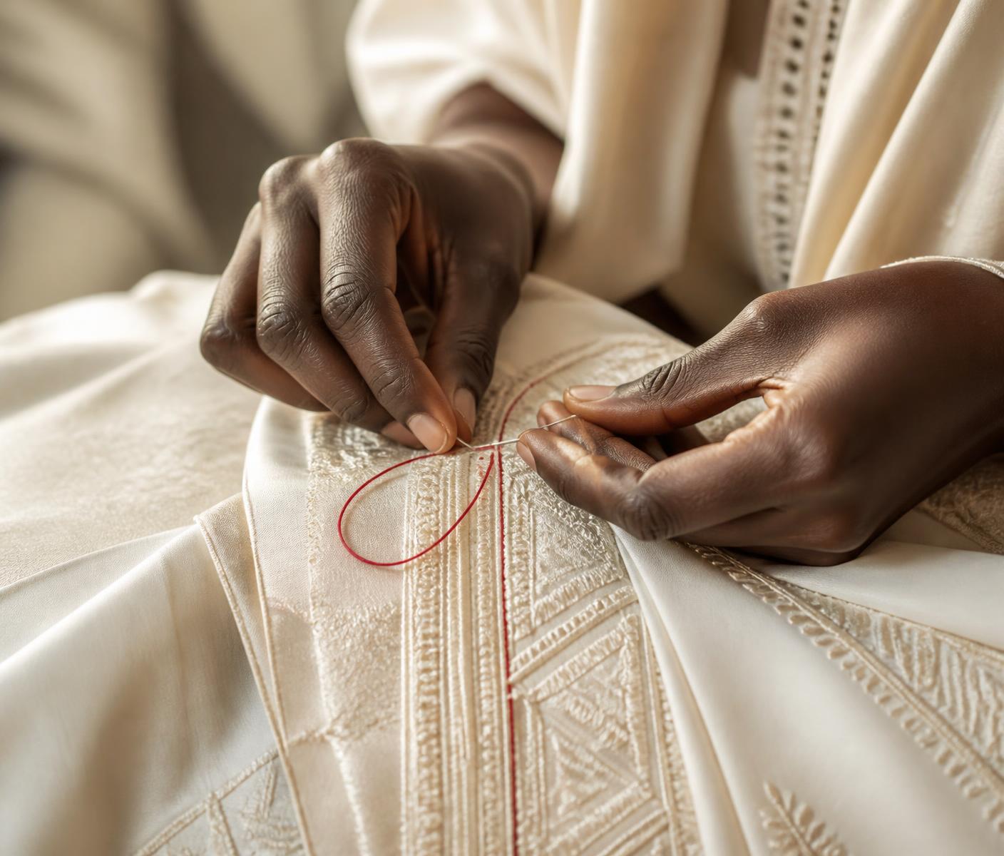 Hands embroidering ivory fabric in the atelier